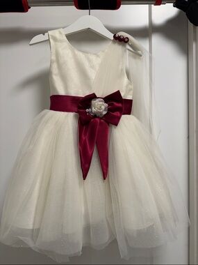 Only Ivory Sparkle Tulle Dress with Burgundy Sash